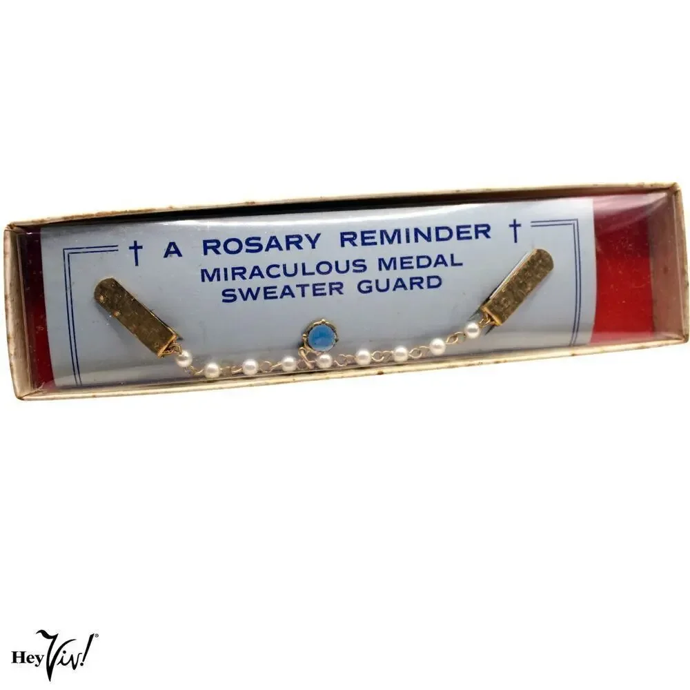 Vintage Sweater Guard Clip Rosary Reminder Miraculous Medal In Box 5